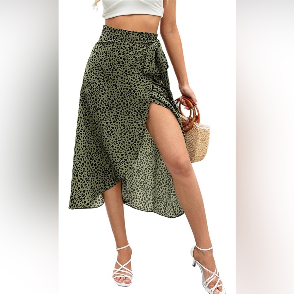 🆕 Boho Leopard Skirt High Low Split Summer Beach Midi Wrap Skirt